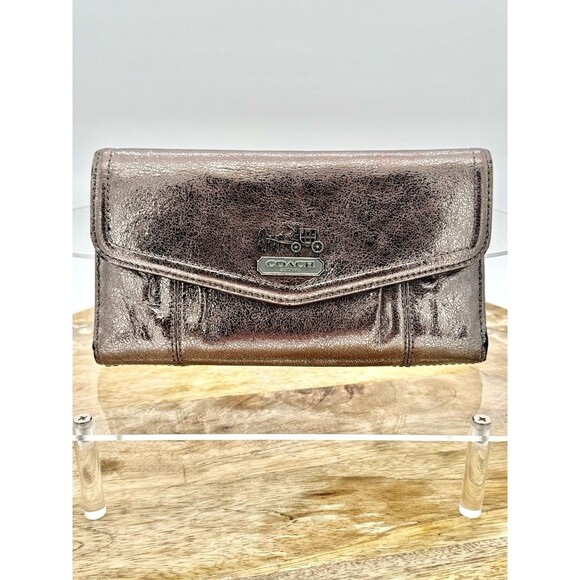 Coach Est 1941 Madison Luxury Rose Gold Trifold Wallet Metallic Leather Boho - Picture 1 of 13
